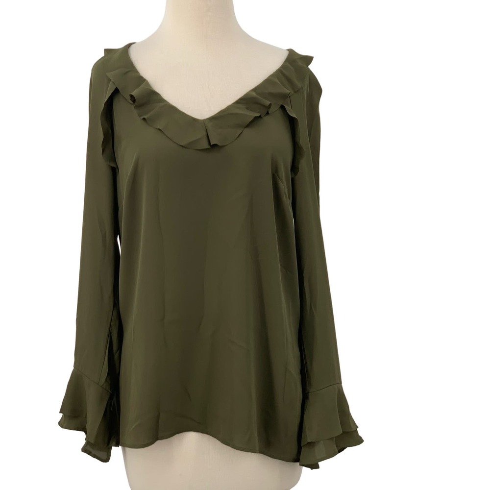 Banana Republic Women's LS‎ V-Neck Pullover Ruffled Blouse Olice Green Size S